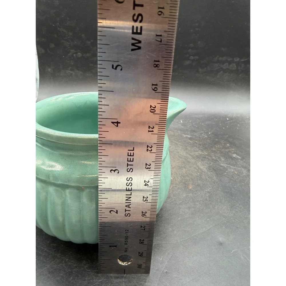 Vintage Seafoam Green Ribbed Ceramic Creamer Pitcher Fluted Pottery